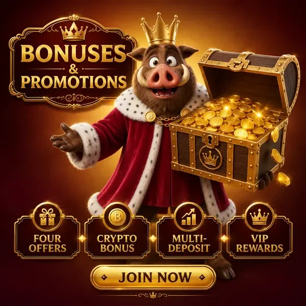Roi sanglier présentant un coffre au trésor débordant de récompenses dorées pour les bonus et promotions de Kingia Casino