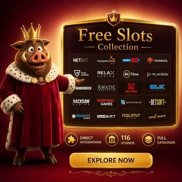 Roi sanglier présentant la collection de machines à sous gratuites au Casino Kingia avec logos de studios lumineux