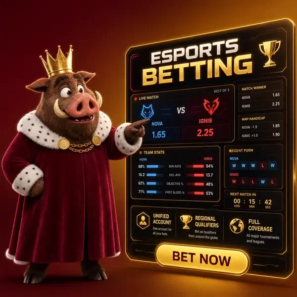 Mascotte Infrastructure Paris Esport Kingia analysant des statistiques de jeu sur écran numérique