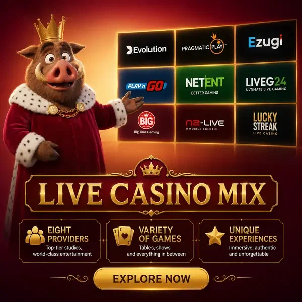 Roi sanglier royal présentant les logos des fournisseurs de casino en direct au centre de divertissement Kingia