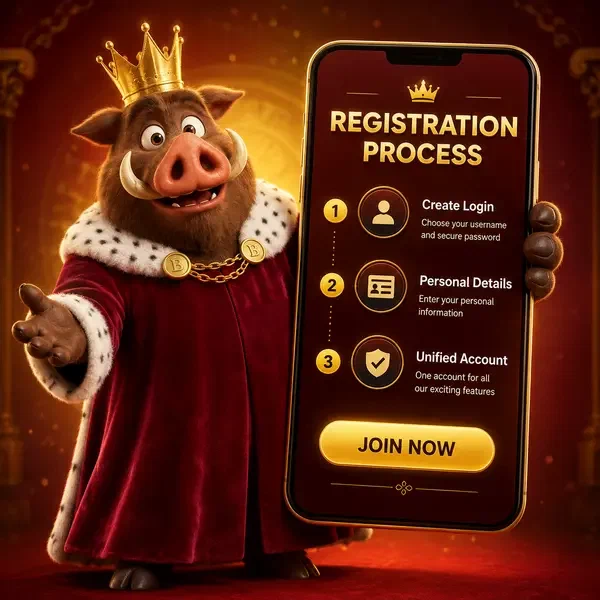 Roi sanglier présentant un smartphone pour une création de compte facile sur le portail d'inscription Kingia