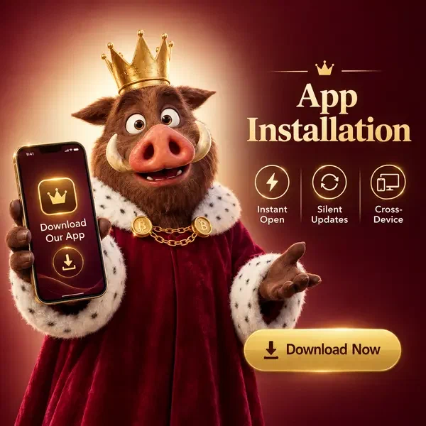 Roi sanglier présentant le téléchargement de l'application mobile sur smartphone lumineux à Architecture et Installation de l'Application Web Progressive