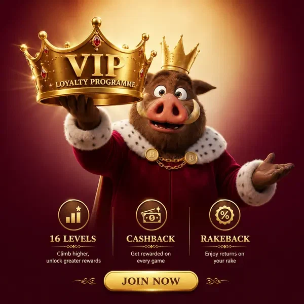 Roi sanglier présentant une couronne du programme de fidélité VIP chez Kingia Casino avec des récompenses dorées