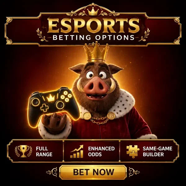 Le Roi Sanglier tient une manette de jeu lumineuse sur la plateforme esport Types de Marchés et Options de Paris pour l'Esport