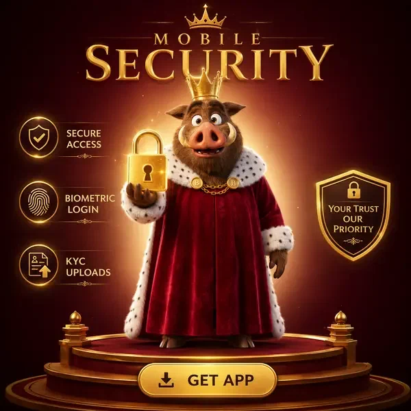 Roi sanglier présentant la sécurité de l'application mobile avec cadenas doré à Sécurité Mobile et Fonctionnalités Biométriques