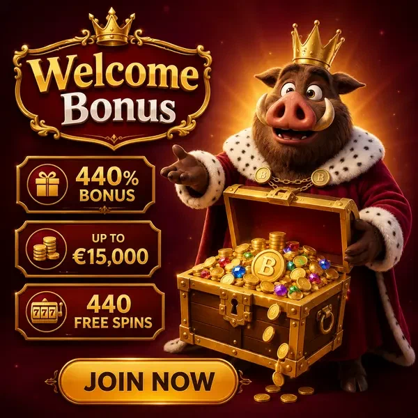 Roi sanglier royal révélant un coffre au trésor de structure de bonus de bienvenue et de mécanismes de mise avec des pièces d'or
