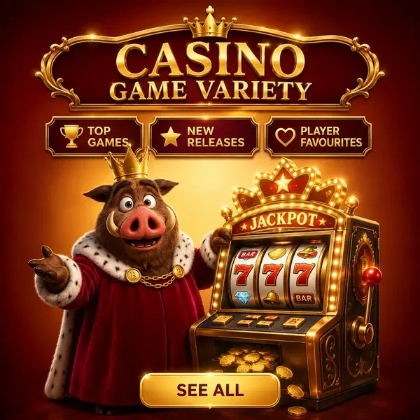 Roi sanglier royal présentant des jeux de machines à sous chez Kingia Casino Games avec une couronne de lumières